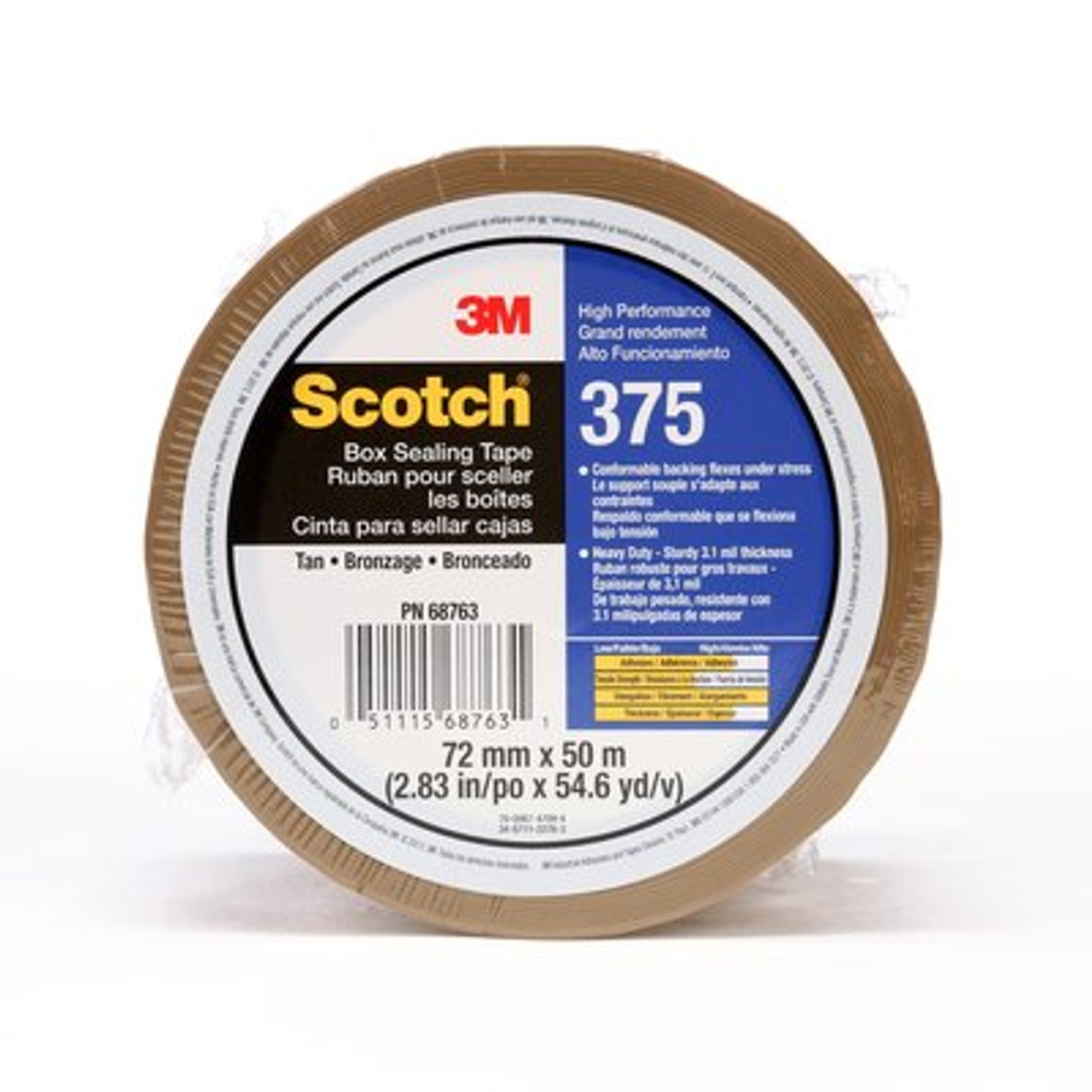 Scotch® High Performance Box Sealing Tape 375 Tan, (3") 72 mm x 50 m, 24 Individually Wrapped Rolls Per Case, Conveniently Packaged