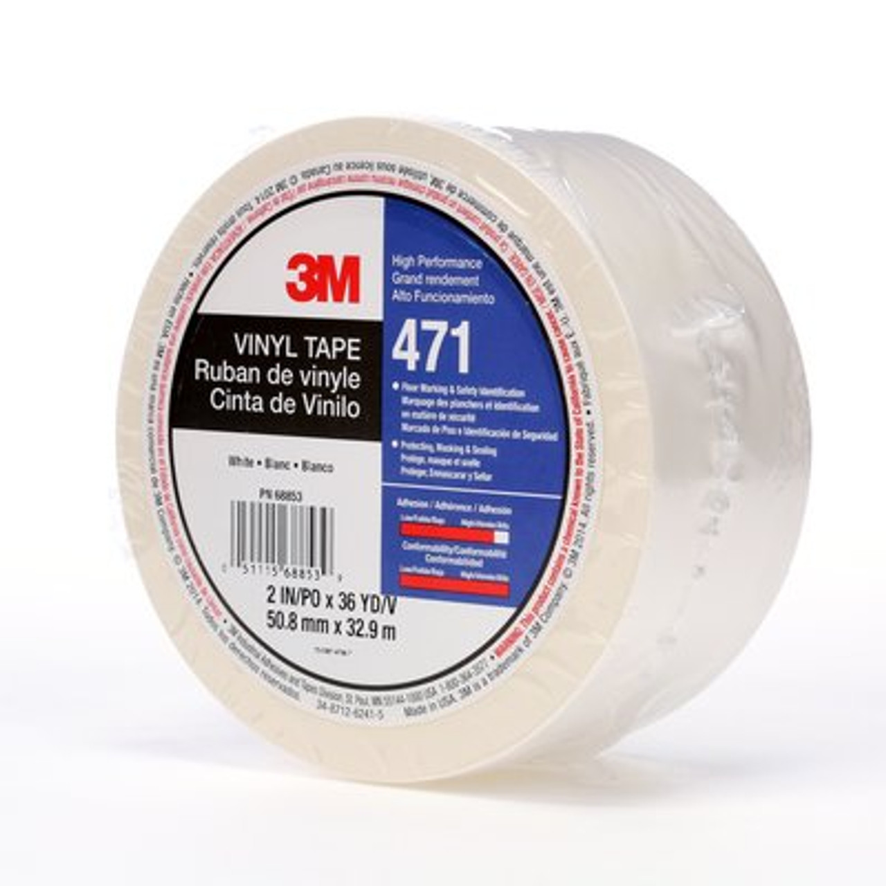 3M™ Vinyl Tape 471, White, 2 in x 36 yd, 5.2 mil Individually wrapped