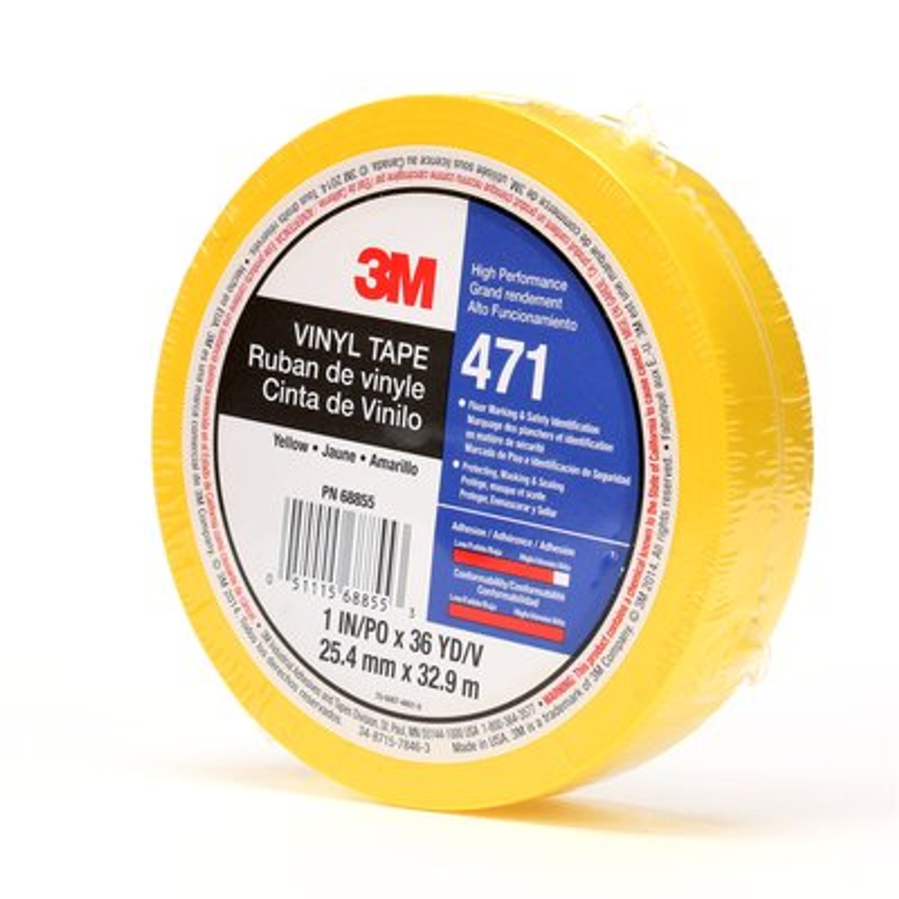 3M™ Vinyl Tape 471, Yellow, 1 in x 36 yd, 5.2 mil Individually wrapped