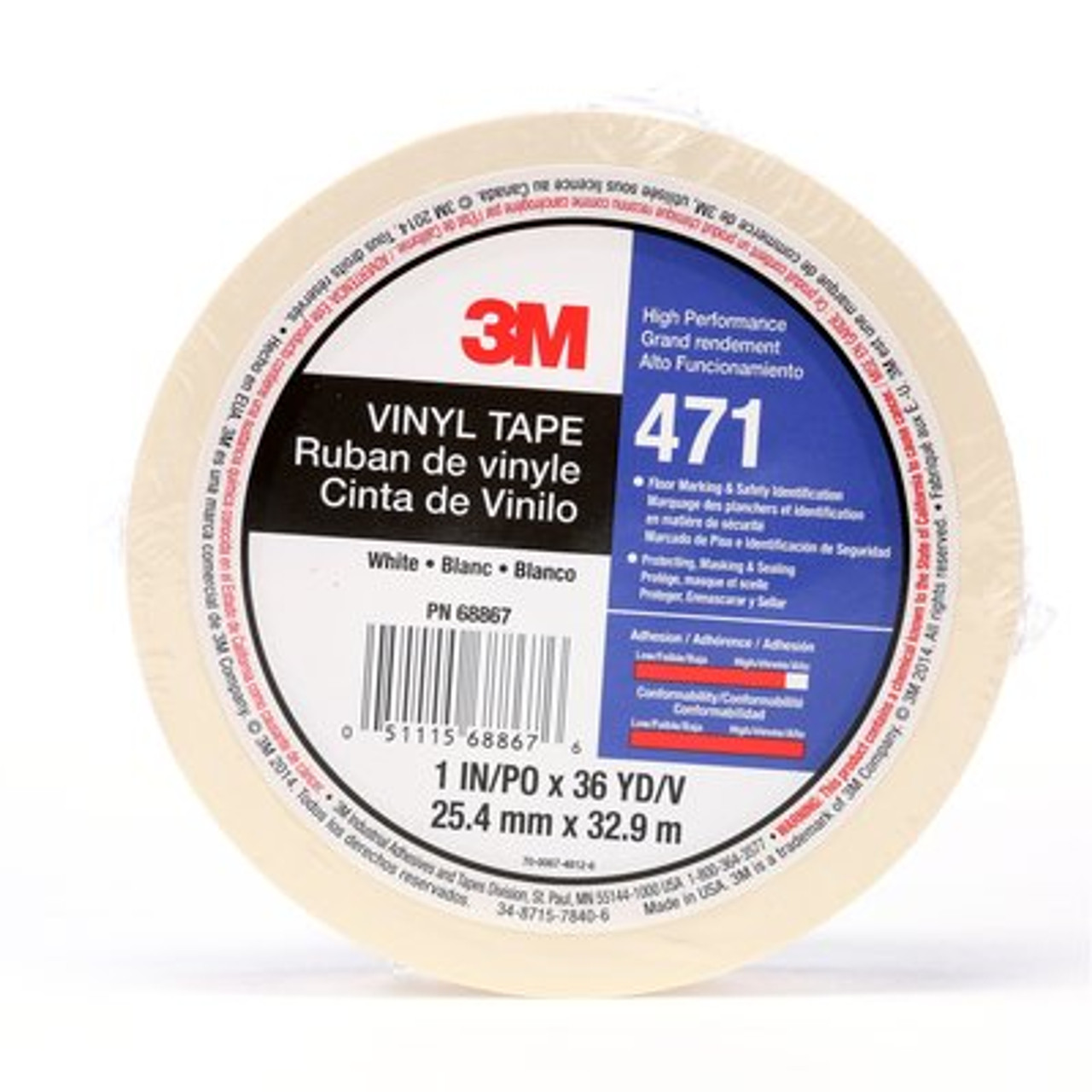 3M™ Vinyl Tape 471, White, 1 in x 36 yd, 5.2 mil Individually wrapped