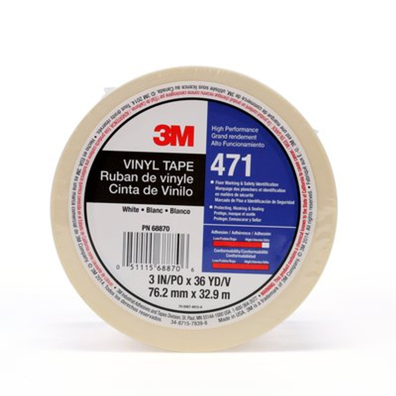 3M™ Vinyl Tape 471, White, 3 in x 36 yd, 5.2 mil Individually wrapped