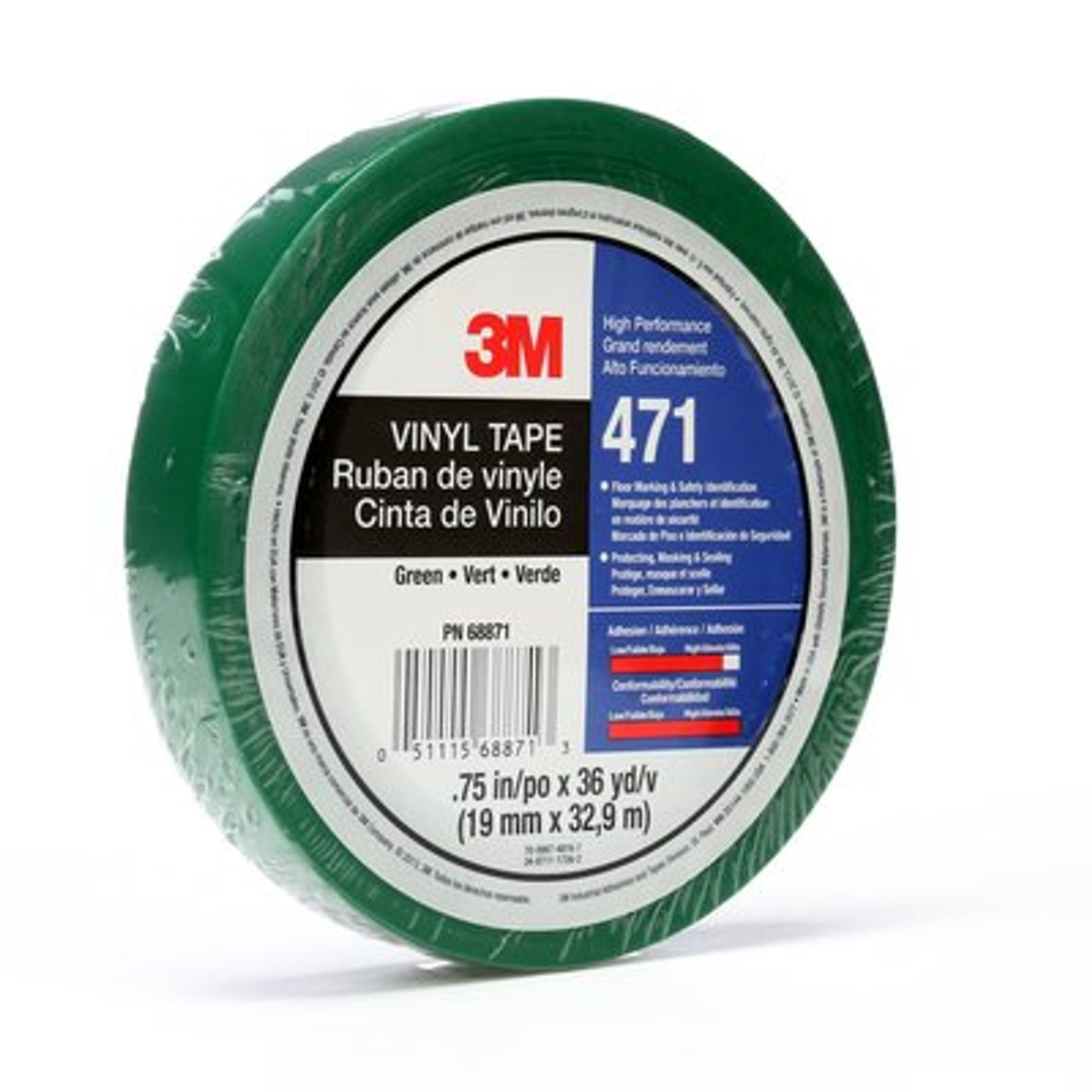 3M™ Vinyl Tape 471, Green, 3/4 in x 36 yd, 5.2 mil Individually wrapped