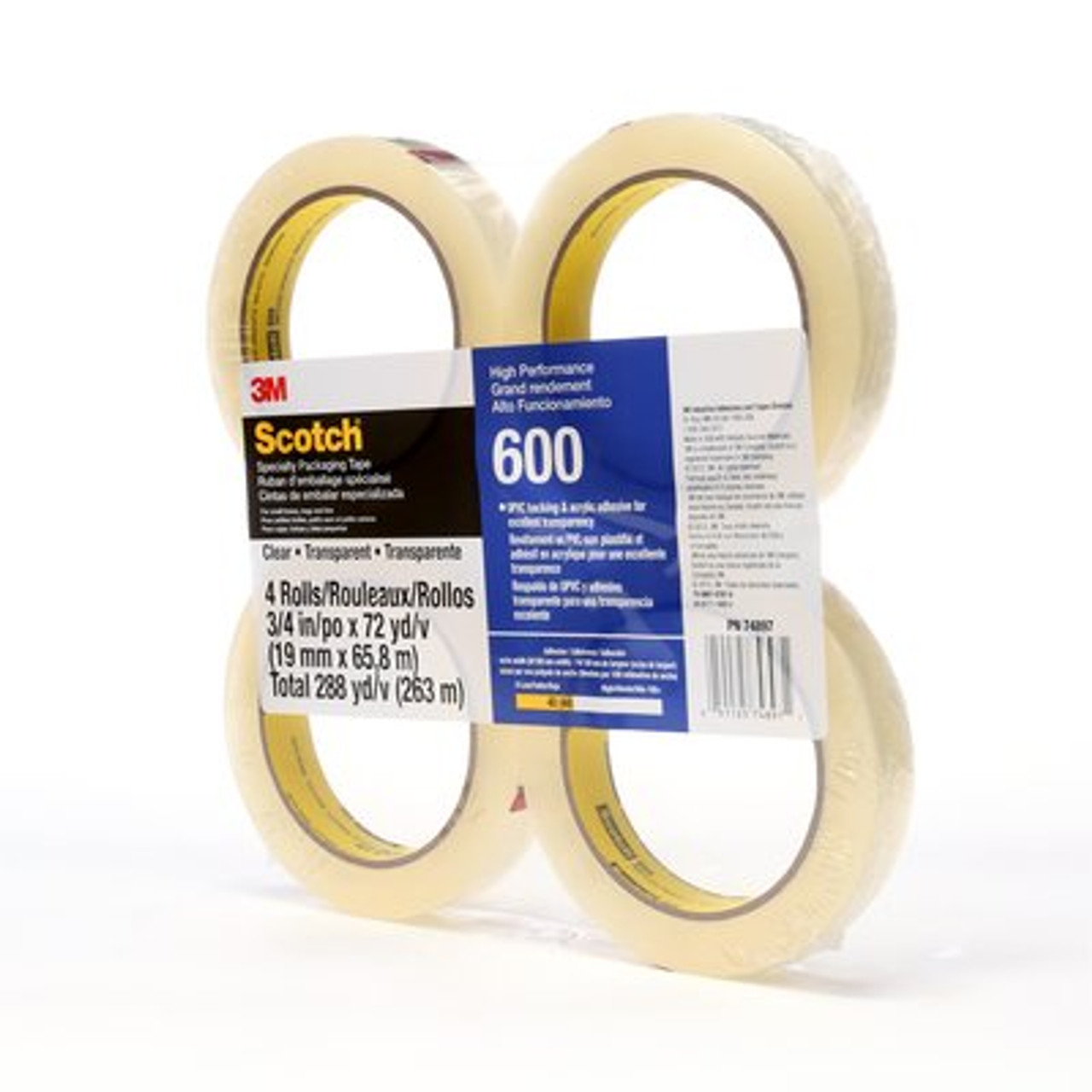 Scotch® Light Duty Packaging Tape 600 Clear High Clarity, 3/4 in x 72 yd, 4 rolls per pack 12 packs per case Conveniently Packaged