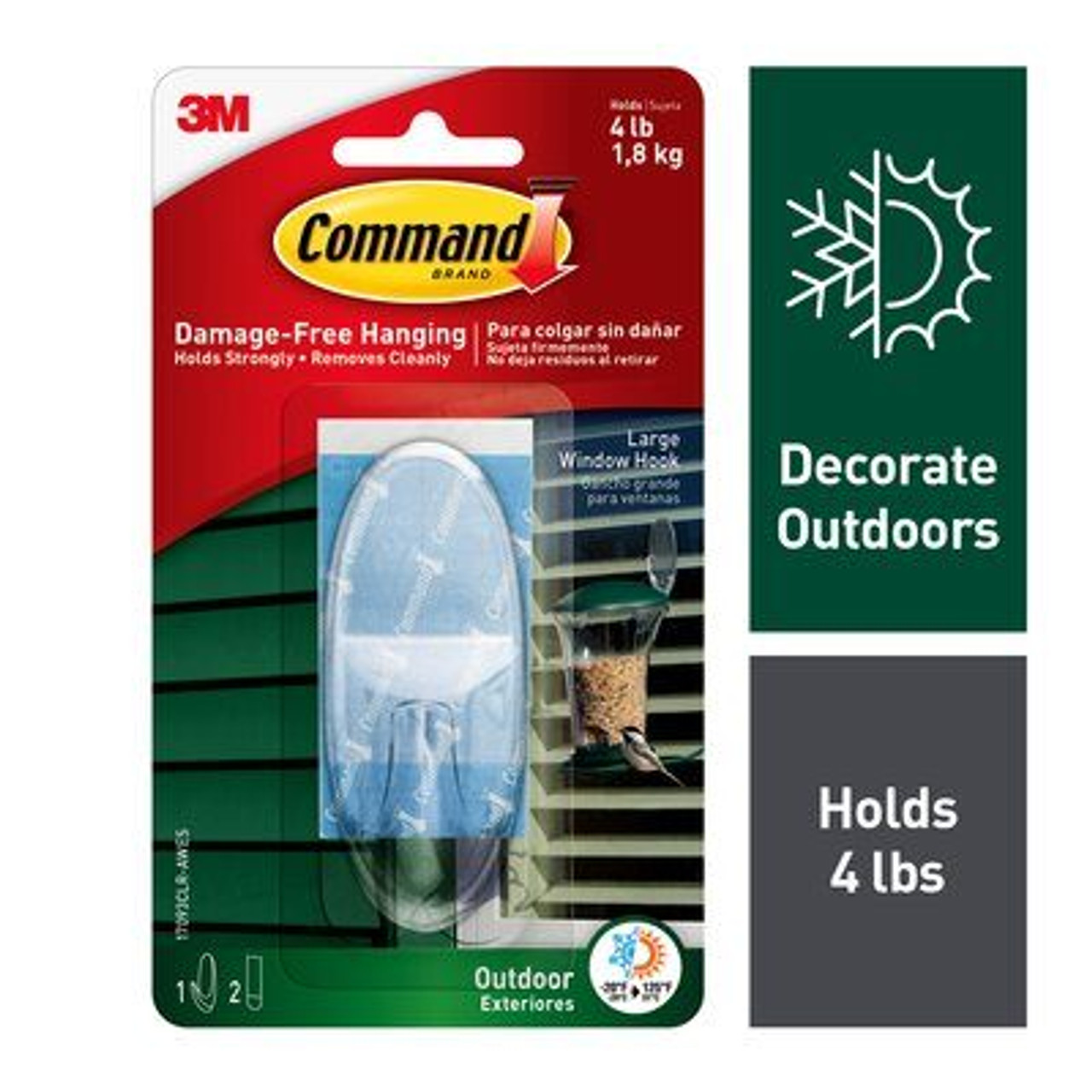 Command™ Outdoor Large Clear Window Hook with Clear Strips 17093CLR-AWES