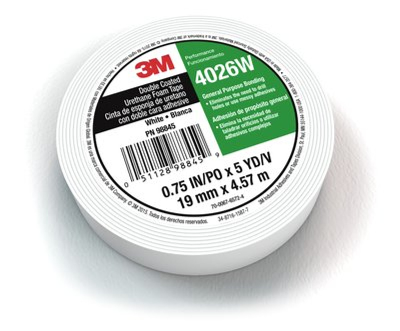 3M™ Double Coated Urethane Foam Tape 4026W, White, 3/4 in x 5 yd, 62 mil