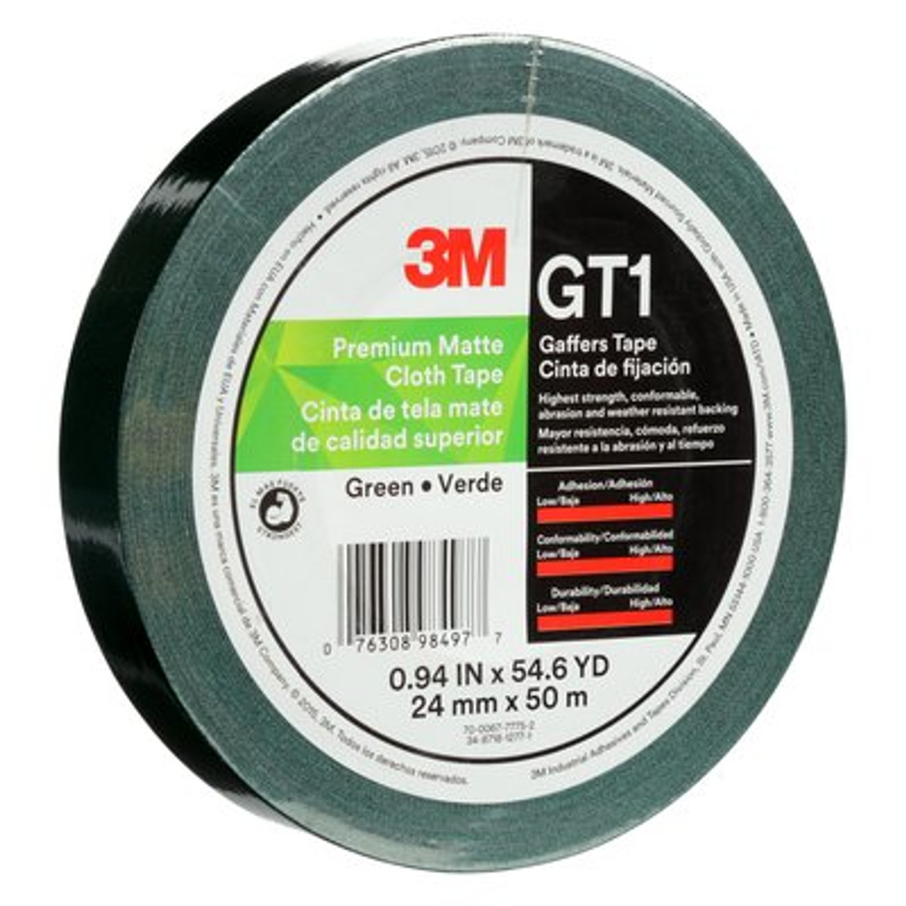 3M™ Premium Matte Cloth (Gaffers) Tape GT1, Green, 24 mm x 50 m, 11 mil