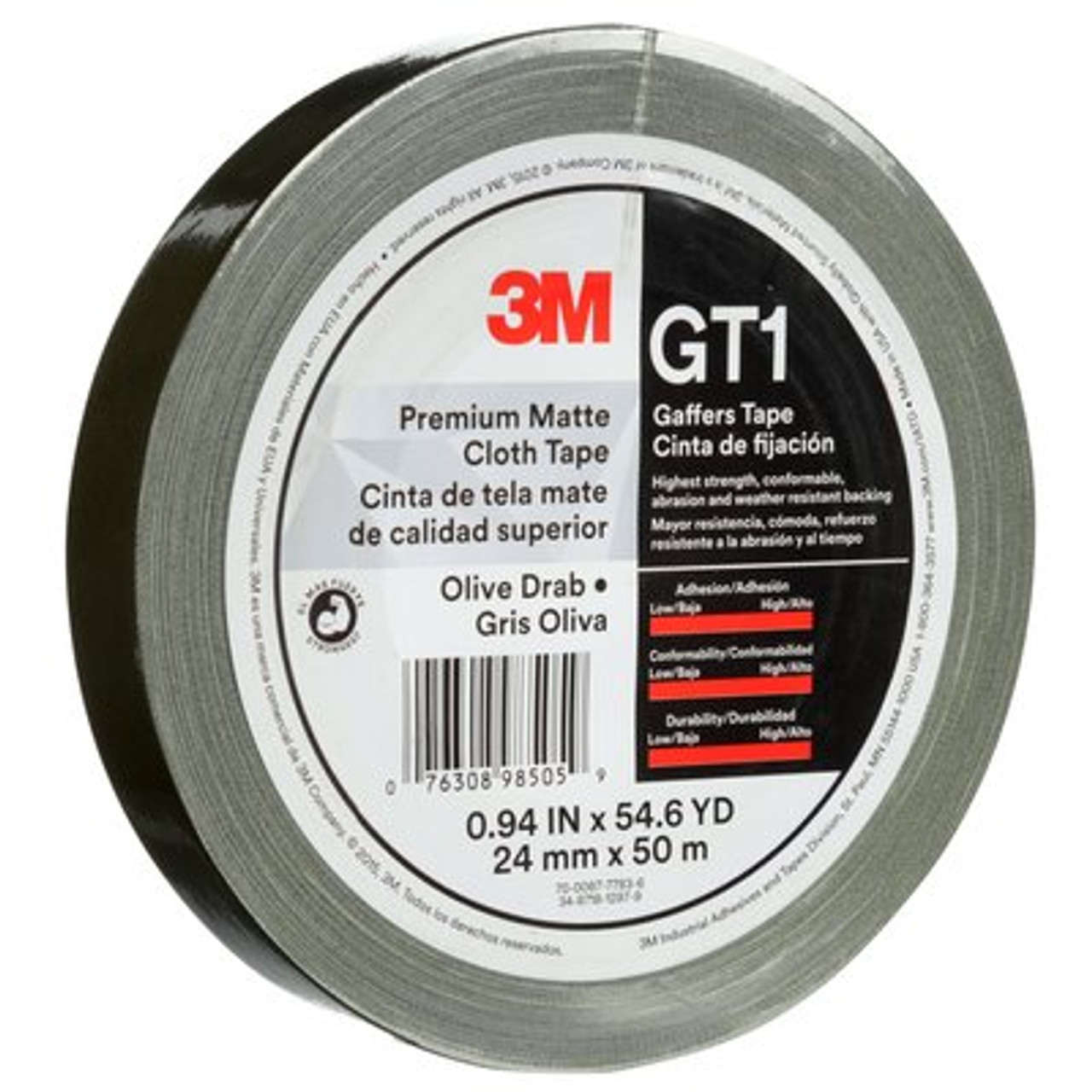 3M™ Premium Matte Cloth (Gaffers) Tape GT1, Olive Drab, 24 mm x 50 m, 11 mil