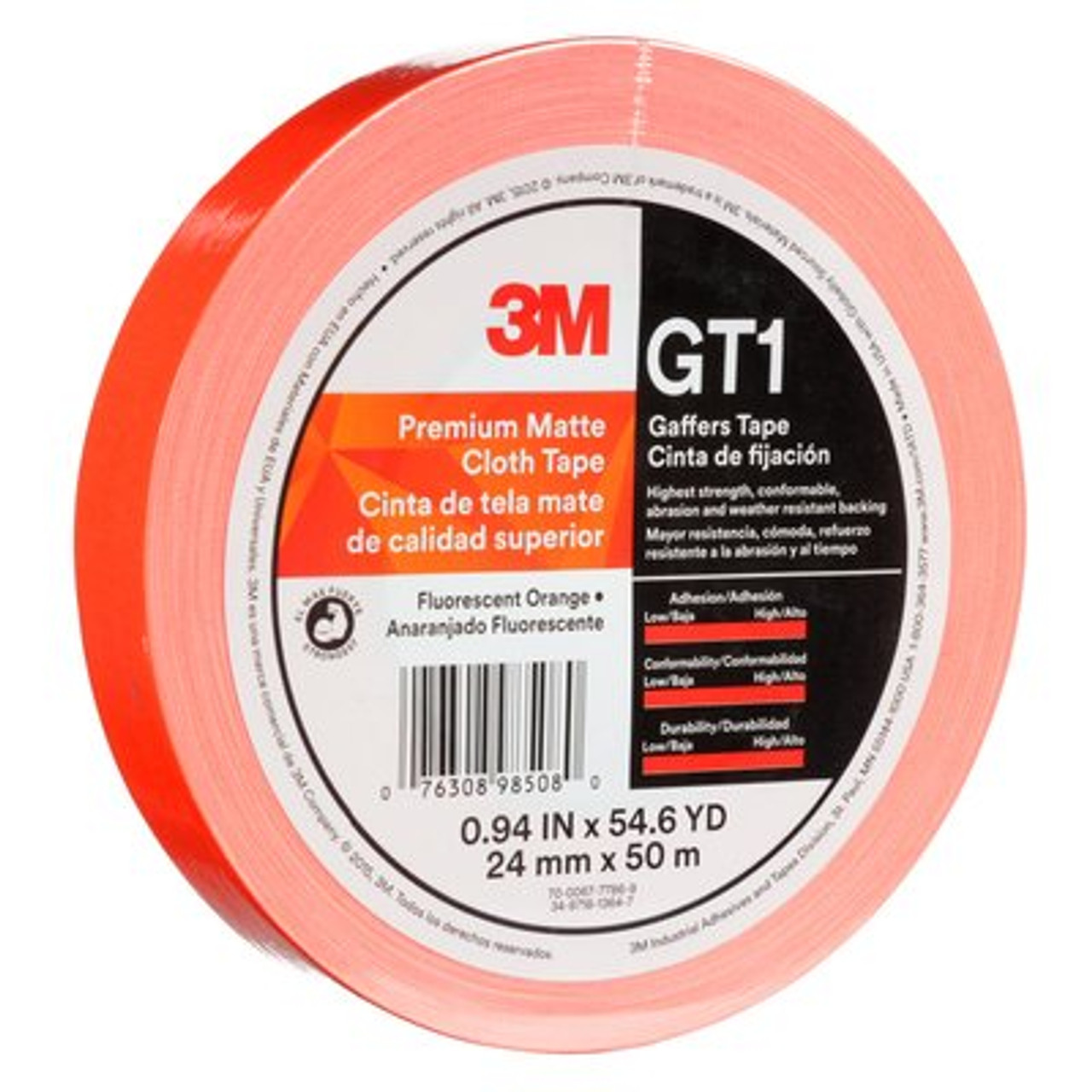 3M™ Premium Matte Cloth (Gaffers) Tape GT1, Fluorescent Orange, 24 mm x 50 m, 11 mil