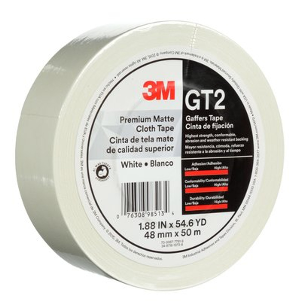 3M™ Premium Matte Cloth (Gaffers) Tape GT2, White, 48 mm x 50 m 11 mil