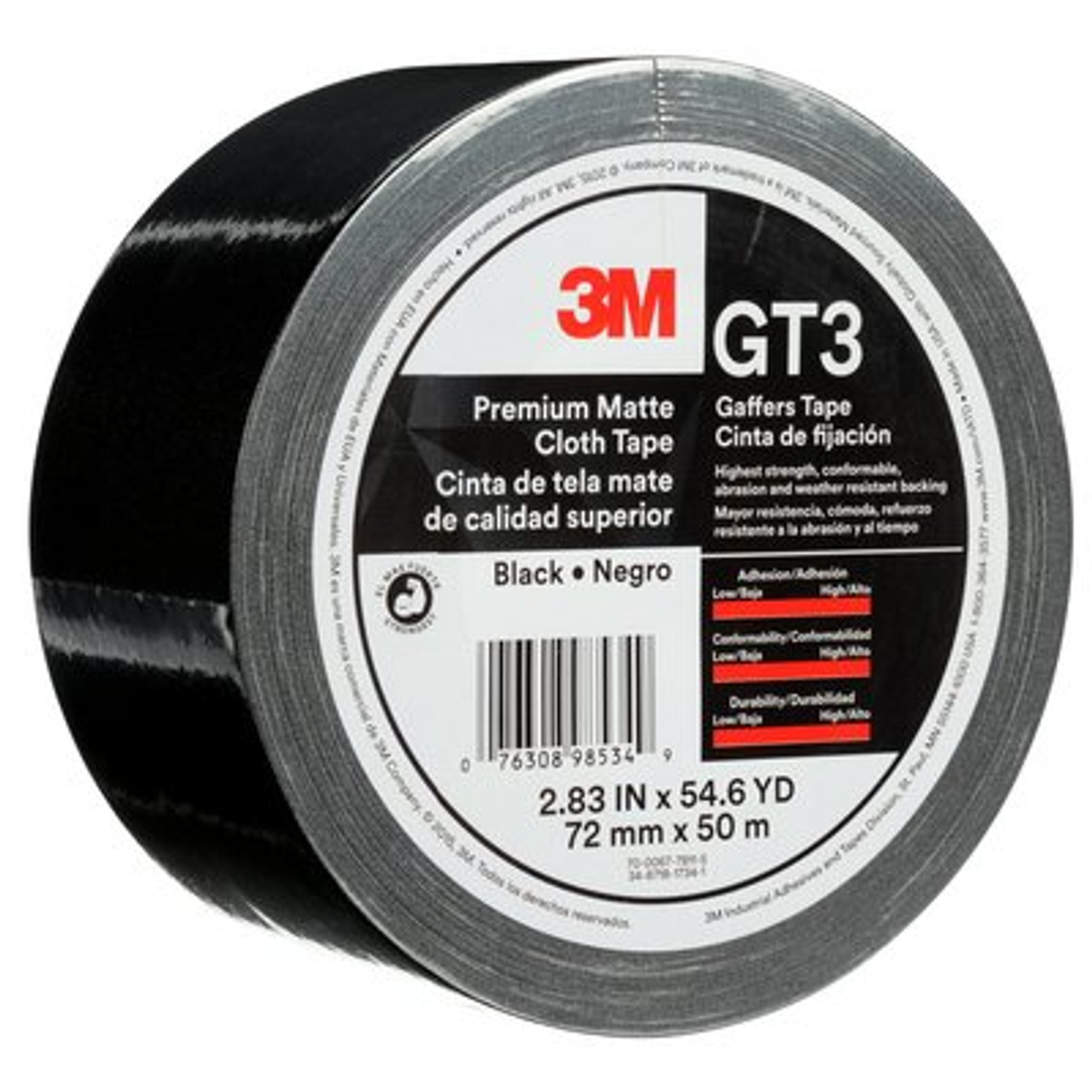 3M™ Premium Matte Cloth (Gaffers) Tape GT3, Black, 72 mm x 50 m, 11 mil