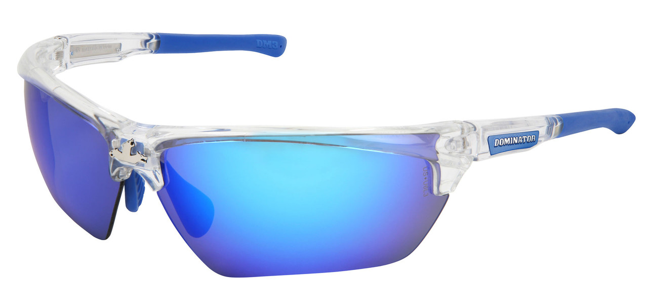 Dominator™ DM3 Series Safety Glasses with Blue Diamond Mirror Lenses Clear Frame Color with Blue Temples Adjustable Wire Core Temples and Nose Piece