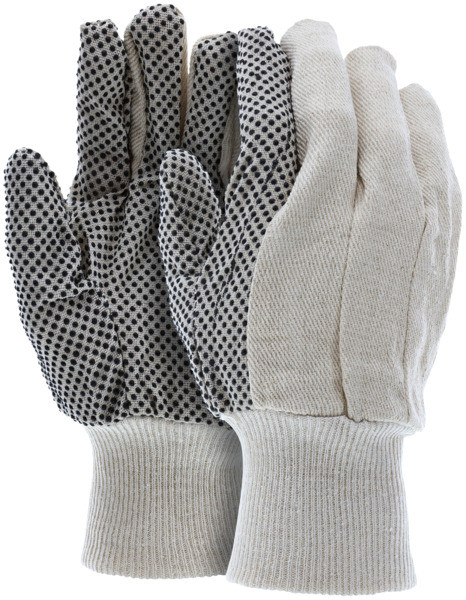 Dotted Canvas Work Gloves - Clute Pattern with Knit Wrist - Cotton Polyester Blend - Straight Thumb - Black PVC Dots aid with Grip and Abrasion Size Large