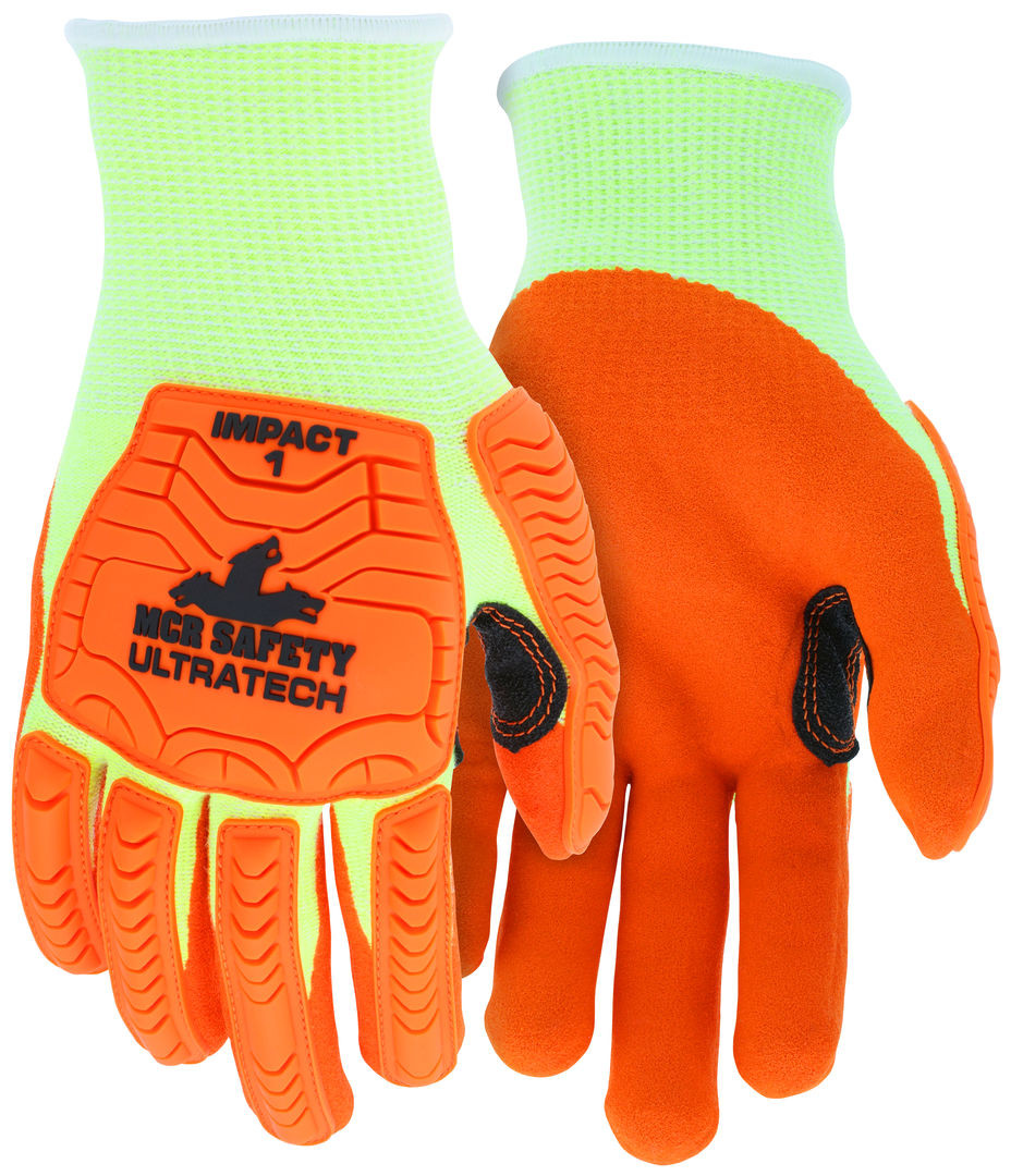 MCR Safety UltraTech® Mechanics Gloves - Cut Pro® UltraTech® - 13 Gauge Lime HyperMax® HPPE Shell - Orange Sandy Nitrile Foam Palm Coating - Hi-Vis TPR Back Protects Hands from Impact