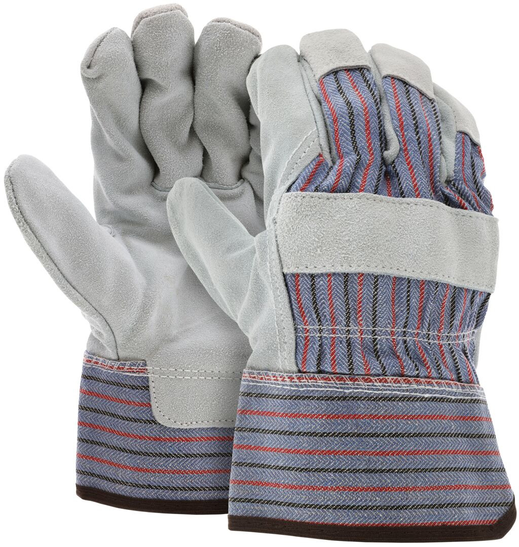 Leather Palm Work Gloves - Competitive Value D Grade Split Shoulder Leather - 2.5 Inch Rubberized Safety Cuff - Assorted Fabrics