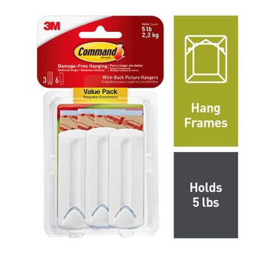 Command Wire-Backed Picture Hanging Hooks, White, Large 3 Hangers, 6 Strips/Pack, 2 Packs