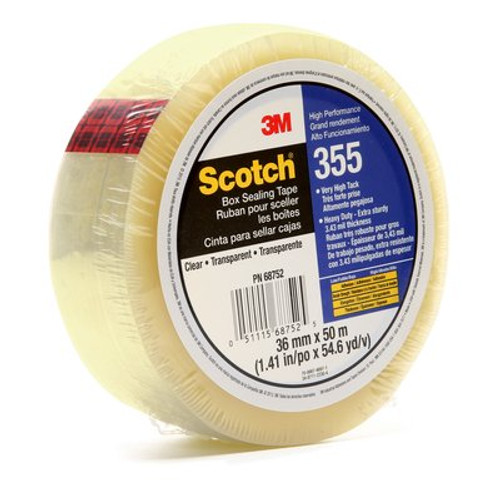 Scotch® High Performance Box Sealing Tape 355 Clear, (1.5") 36mm x 50m, 48 Individually Wrapped Rolls Per Case, Conveniently Packaged