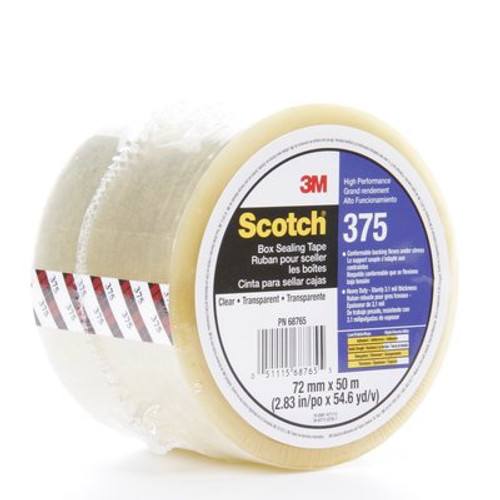 Scotch® High Performance Box Sealing Tape 375 Clear, (3") 72 mm x 50 m, 24 Individually Wrapped Rolls Per Case, Conveniently Packaged