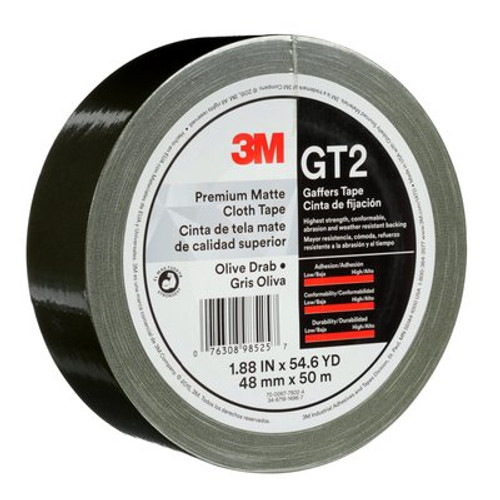 3M™ Premium Matte Cloth (Gaffers) Tape GT2, Olive Drab, 48 mm x 50 m, 11 mil