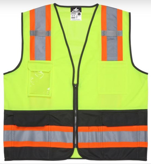 Luminator® Series Hi Vis Lime Black Reflective Safety Vest Meets ANSI Type R Class 2 Standards 4 Inch Orange Silver Stripes Zipper Front Closure