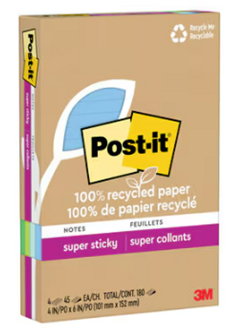 Post-it® Super Sticky Recycled Notes 4621R-4SST, 4 in x 6 in, 100% PEFC, SGSCH-PEFC-COC-110078