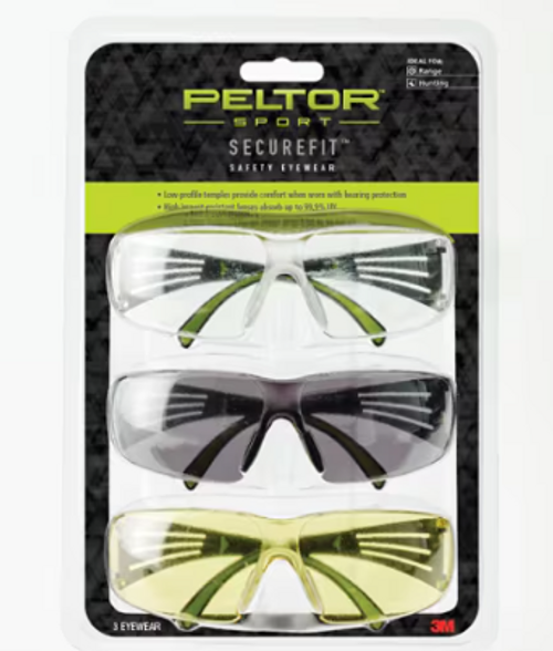 Peltor™ Sport SecureFit™ Safety Eyewear, SF400-P3PK-6, 3 Pack: Clear + Amber + Gray Lenses, AF