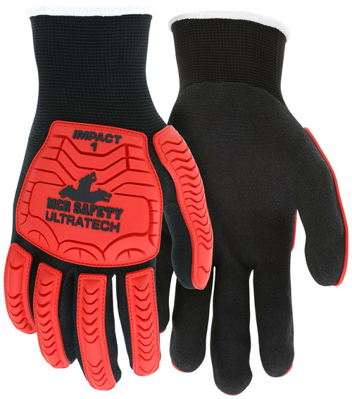 MCR Safety UltraTech® Mechanics Gloves - Black Sandy Nitrile Foam Palm - TPR Back of Hand Protection - 13-Gauge Nylon Shell - Hi-Vis TPR Back of Hand Provides Excellent Impact Protection