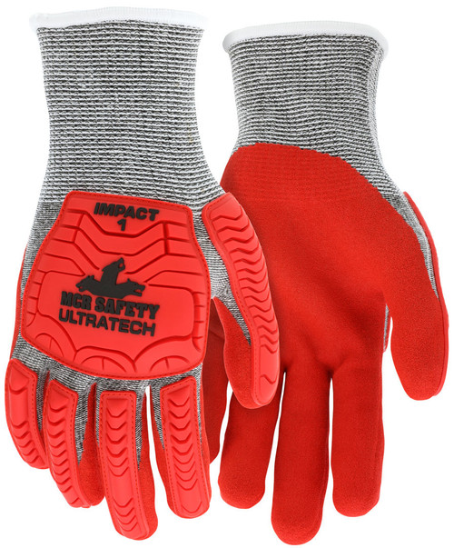 MCR Safety UltraTech® Mechanics Gloves - CutPro® UltraTech® - 13 Gauge HyperMax® HPPE Shell - Red Sandy Nitrile Foam Palm Coating - Hi-Vis Red TPR Back of Hand Protection