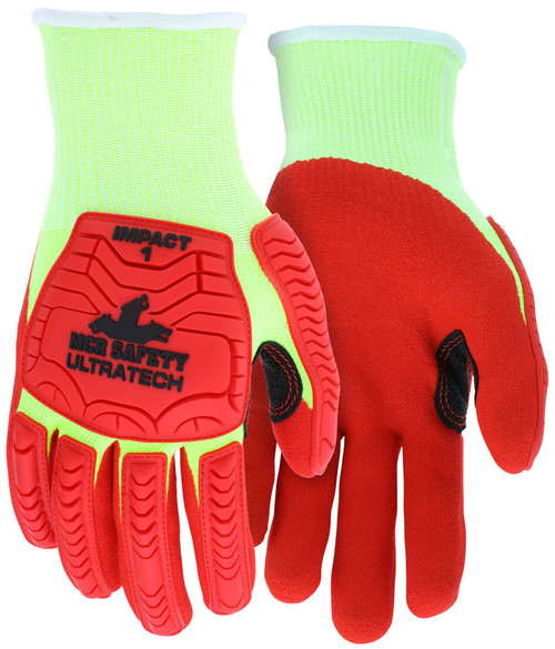 MCR Safety UltraTech® Mechanics Gloves - CutPro® UltraTech® - 13 Gauge Lime HyperMax® HPPE Shell - Red Sandy Nitrile Foam Coated Palm - Hi-Vis Red TPR Back Protects Hands from Impact