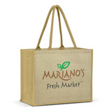 A tote bag featuring a natural jute material with handles, prominently displaying the logo "Mariano's Fresh Market."