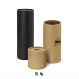 A drink bottle gift tube set in black and brown, featuring various sizes and a logo on one tube.