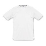 A white sporty men's T-shirt with a rounded neckline and short sleeves, featuring a logo on the tag.