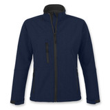 A navy softshell jacket with a high collar and multiple zip pockets, featuring a logo on the sleeve.