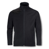 A black softshell jacket with a high collar and zip front, featuring side pockets and a logo.