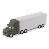 A stress truck toy in green and white, resembling a large transport vehicle, with six wheels and a simple design.