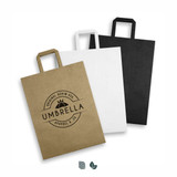 A set of three extra large flat handle paper bags in kraft, white, and black, featuring a logo on the front.
