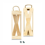 A wooden wine crate with a natural finish, featuring a rope handle and an open design.