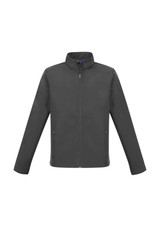 A grey jacket with a high collar and zip front, featuring side pockets and a logo.