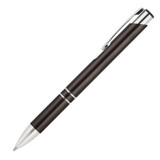 A ballpoint pen named "Julia" in black with silver accents and a clip. It has a sleek design and features a logo.