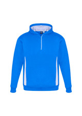 A blue hoodie featuring white side panels and a zip, with a hood and a logo.
