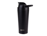 A drink bottle featuring a sleek black design, with a flip-top lid and a logo on the side.