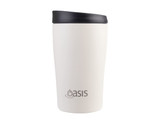A drink bottle featuring a sleek, white design with a black lid and a branding logo on the front.