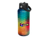 A drink bottle featuring a gradient design in teal, blue, orange, and red, with a black lid and handle.