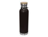 A drink bottle in dark brown with a bamboo lid and stainless steel base, featuring a metal handle.