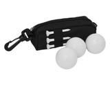 A black pouch with three white golf balls and four golf tees, featuring a clip for attachment.