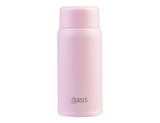 A drink bottle in light pink with a sleek design, featuring a logo on the front.