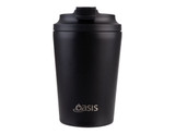 A drink bottle, black in colour, with a ceramic lining and a lid, featuring a logo on the front.