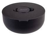 A black insulated lunch bowl with a lid, featuring a logo on top. Ideal for keeping food fresh.
