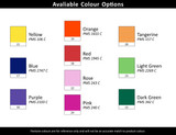 A colour chart displaying ten shades including yellow, orange, blue, red, and pink, with their Pantone references.