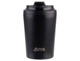 A black insulated coffee cup with a ceramic lining, featuring a lid and a small logo.