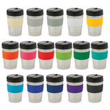 A drink bottle collection featuring stainless steel cups with various coloured silicone bands and black lids.